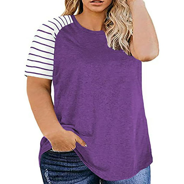 Women Plus Size Casual Shirt Striped Color Block Blouse Tops Short Sleeve Tunics 
